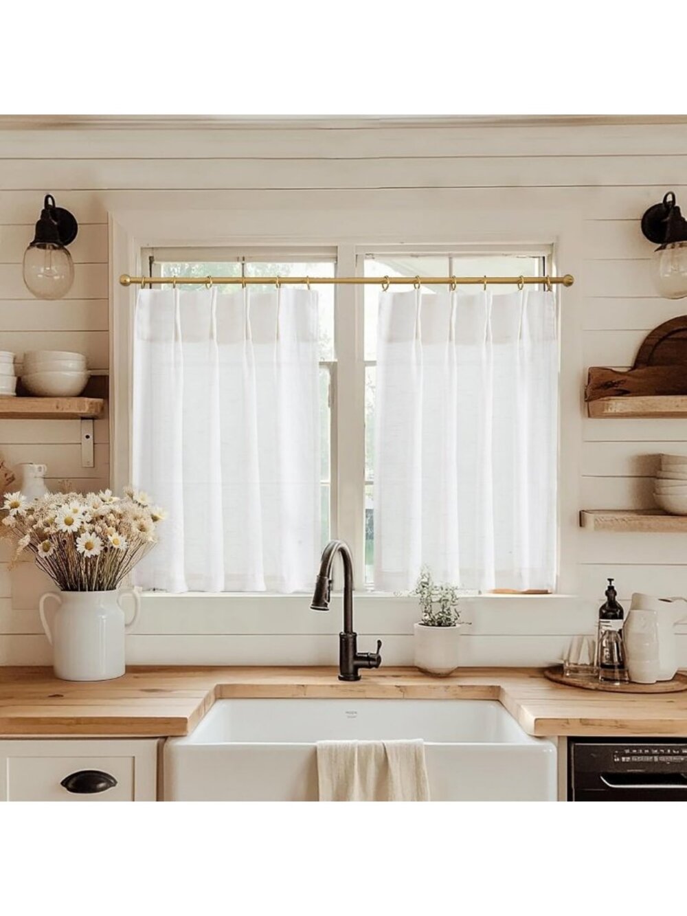 Linen Pinch Pleated Kitchen Curtains 24" - Natural Beige Tier Drapes for Small